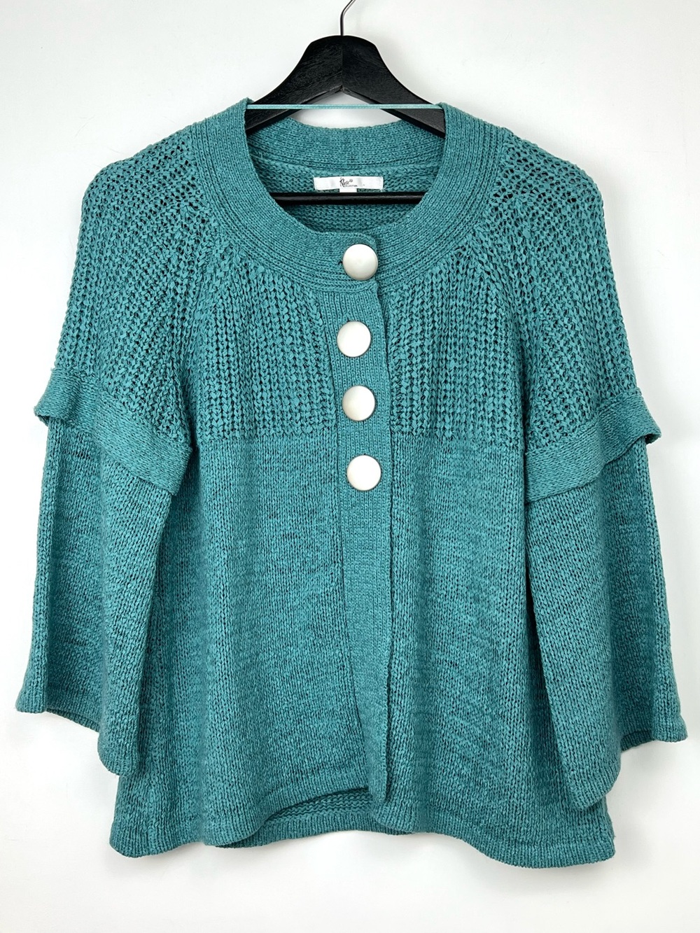 Klass Collection Button Trim Cardigan Teal Green size L Lagenlook Coastal